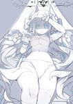  :o bikini blue_eyes breasts cleavage drink elbow_gloves gloves greyscale headgear highres large_breasts long_hair lying mamuru monochrome on_back open_mouth original shading_eyes side-tie_bikini solo sweatdrop swimsuit thighhighs underboob very_long_hair 