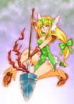  blonde_hair blue_eyes blush boots bow breasts brown_footwear cleavage dress forehead_jewel full_body gloves green_bow green_dress hair_bow helmet holding holding_weapon long_hair looking_at_viewer low-tied_long_hair onnaski polearm riesz seiken_densetsu seiken_densetsu_3 solo spear very_long_hair weapon winged_helmet 