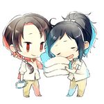  bad_id bad_pixiv_id black_hair blush brown_hair chibi closed_eyes earrings houhou_(black_lack) jewelry kashuu_kiyomitsu male_focus medium_hair mole mole_under_eye mole_under_mouth multiple_boys open_mouth ponytail red_eyes shirt side_ponytail smile touken_ranbu towel white_background yamato-no-kami_yasusada 