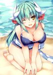  1girl barefoot bikini blue_bikini blush eyebrows_visible_through_hair fate/grand_order fate_(series) flower green_hair hair_flower hair_ornament horns kiyohime_(fate/grand_order) kiyohime_(swimsuit_lancer)_(fate) kneeling long_hair one_eye_closed open_mouth ryokushiki_(midori-ya) sand sitting smile solo swimsuit wariza water yellow_eyes 