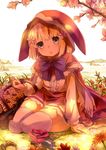  54hao bad_id bad_pixiv_id basket blonde_hair blue_eyes blush flower full_body grimm's_fairy_tales grimms_notes hair_flower hair_ornament highres hood little_red_riding_hood little_red_riding_hood_(grimms_notes) open_mouth short_hair solo thighhighs white_legwear 