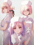  akao_ppai blush braid breasts euryale fate/grand_order fate/hollow_ataraxia fate_(series) florence_nightingale_(fate/grand_order) hair_over_one_eye hat large_breasts long_hair looking_at_viewer mash_kyrielight medium_breasts multiple_girls nurse nurse_cap open_mouth pink_hair purple_eyes red_eyes short_hair simple_background smile syringe twintails 
