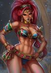  abs big_hair breasts cameltoe circlet cleavage dandon_fuga dark_skin earrings gerudo green_eyes hands_on_hips jewelry large_breasts lipstick looking_at_viewer makeup muscle muscular_female navel pointy_ears red_hair stomach the_legend_of_zelda the_legend_of_zelda:_breath_of_the_wild urbosa 