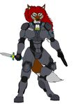  anthro armor ashtrek_(artist) ashtrek_(character) big_breasts blue_eyes breasts brown_fur canine dagger edit fox fur gun hair handgun intersex machine mammal melee_weapon police power_armor ranged_weapon red_hair science_fiction simple_background solo weapon white_background world_police 