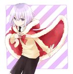  bad_id bad_pixiv_id cape honebami_toushirou hood male_focus necktie purple_eyes ritsu_(iqpi) shorts striped striped_background sweater touken_ranbu white_hair 