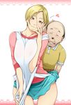 1girl age_difference aratama_(a-tama) blonde_hair breasts jewelry large_breasts old_man ring short_hair toothbrush_mustache 