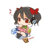  bag black_hair bow bowtie brand_name_imitation caloriemate cardigan cellphone chibi dated eating eighth_note green_bow green_neckwear hair_bow headphones highres koss love_live! love_live!_school_idol_project milk_carton mota musical_note otonokizaka_school_uniform phone red_bow red_eyes school_bag school_uniform short_hair simple_background sitting solo striped striped_bow striped_neckwear twintails white_background yazawa_nico 