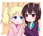  a_channel alice_cartelet black_hair blonde_hair blue_eyes blush commentary_request crossover ichii_tooru kin-iro_mosaic multiple_girls open_mouth red_eyes school_uniform short_hair sleeves_past_wrists smile tokidome_zamao translated twintails 