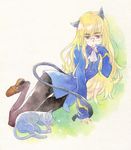  agahari animal_ears black_legwear blonde_hair cat cat_ears cat_tail glasses highres long_hair long_sleeves lying military military_uniform on_side pantyhose perrine_h_clostermann shoe_dangle sleeping sleeves_past_wrists solo strike_witches tail traditional_media uniform watercolor_(medium) world_witches_series yellow_eyes 