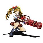  black_hairband blonde_hair bow brown_eyes divine_gate drill_hair full_body gun hair_bow hairband holding holding_gun holding_weapon long_hair looking_at_viewer machine_gun mayu_(road_to_dragons) necktie official_art one_knee pleated_skirt red_bow red_neckwear road_to_dragons school_uniform shadow skirt smile solo thigh_strap transparent_background twin_drills ucmm weapon 