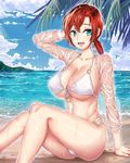  :d arm_support beach bikini blue_sky boudica_(fate/grand_order) breasts cleavage cloud cloudy_sky collarbone commentary day fate/grand_order fate_(series) from_side green_eyes hair_between_eyes highres large_breasts long_sleeves looking_at_viewer looking_to_the_side low_ponytail nattapuumuu open_clothes open_mouth open_shirt outdoors red_hair see-through shirt sitting skindentation sky smile solo swimsuit wet wet_clothes wet_shirt white_bikini 