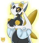  2017 alternate_color anthro anthrofied areola big_breasts black_skin blue_body breasts clothed clothing english_text fan_character female froslass gold_lips gold_nipples gold_skin huge_breasts humanoid latiar nintendo partially_clothed pok&eacute;mon pok&eacute;morph pussy signature simple_background solo spirit text video_games white_background white_body yellow_background yellow_eyes 
