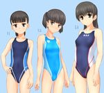  absurdres arena_(company) ass_visible_through_thighs black_eyes black_hair blue_background blue_swimsuit competition_swimsuit cowboy_shot highres long_hair looking_at_viewer multiple_girls number one-piece_swimsuit original short_hair standing swimsuit takafumi twintails 