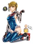  1girl ? ankle_boots bald black_sclera blonde_hair blue_legwear blue_leotard boots breasts cosplay covered_navel cyborg dead_or_alive earrings frilled_legwear frilled_leotard frills full_body genderswap genderswap_(mtf) genos hair_ribbon hand_on_own_thigh jewelry kneeling kui_sheng_(evenworld) leotard marie_rose marie_rose_(cosplay) medium_breasts one-punch_man platform_footwear platform_heels ribbon robot_joints saitama_(one-punch_man) sideboob skin_tight solo_focus stud_earrings thighhighs tomboy yellow_eyes 