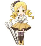  blonde_hair blush boots bow cup drill_hair eyebrows_visible_through_hair holding holding_cup long_hair looking_at_viewer mahou_shoujo_madoka_magica miiyon open_mouth plate smile solo teacup thighhighs tomoe_mami yellow_bow yellow_eyes 