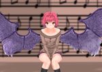  absurdres alternate_costume beamed_eighth_notes between_legs bird_wings black_legwear blurry blurry_background braco breasts brown_eyes collarbone cutoffs depth_of_field eighth_note feathered_wings hand_between_legs highres kneehighs knees_together large_wings long_sleeves looking_at_viewer musical_note mystia_lorelei no_hat no_headwear off_shoulder pink_hair purple_shorts quarter_note ribbed_sweater sheet_music short_hair shorts sitting small_breasts smile solo sweater touhou v_arms wings 