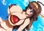  1girl ahoge blush breast_hold breasts brown_hair bursting_breasts cleavage curvy giantess headgear huge_breasts kantai_collection kongou_(kantai_collection) long_hair mgear navel purple_eyes smile swimsuit wide_hips 