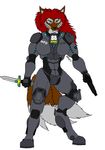  3_tails anthro armor ashtrek_(artist) ashtrek_(character) big_breasts blue_eyes breasts brown_fur canine dagger edit fox fur gun hair handgun intersex machine mammal melee_weapon multi_tail police power_armor ranged_weapon red_hair science_fiction simple_background solo weapon white_background world_police 