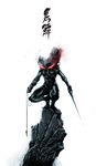  absurdres black_manta bodysuit dc_comics full_body gloves glowing glowing_eyes helmet highres male_focus naratani rock simple_background solo sword weapon white_background 