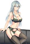  black_legwear bra breasts cleavage commentary_request earrings garter_belt green_bra green_eyes green_hair green_panties hair_ornament hairclip highres jewelry kantai_collection large_breasts lingerie long_hair luna_(gunfire) panties solo suzuya_(kantai_collection) thighhighs underwear underwear_only very_long_hair 