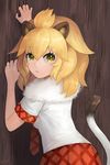  amy30535 animal_ears blonde_hair commentary_request fur_collar highres kemono_friends lion_(kemono_friends) lion_ears lion_tail long_hair looking_at_viewer necktie scratching skirt solo tail yellow_eyes 