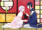  bad_id bad_pixiv_id black_hair blue_eyes eye_contact fan flower folding_fan holding_hands honebami_toushirou japanese_clothes looking_at_another male_focus mikazuki_munechika multiple_boys profile purple_eyes ritsu_(iqpi) rose sayagata seiza sitting smile touken_ranbu white_hair yaoi yellow_flower yellow_rose 