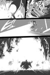  egyptian energy_beam explosion eye_beam floating gameplay_mechanics greyscale headdress highres ishiyumi monochrome puzzle_&amp;_dragons ra_(p&amp;d) staff tamadra 