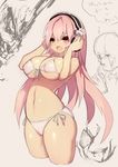  bikini blush breasts cameltoe front-tie_top headphones highres large_breasts long_hair mamuru navel nitroplus open_mouth pink_hair red_eyes shiny shiny_skin side-tie_bikini skindentation solo source_request super_sonico swimsuit 