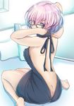  aran_sweater arms_up ass backless_dress backless_outfit bangs bare_back bare_legs bare_shoulders barefoot black-framed_eyewear blush breasts butt_crack covered_mouth drawstring dress eyebrows_visible_through_hair fate/grand_order fate_(series) from_behind glasses halterneck husimineko indoors looking_at_viewer looking_back mash_kyrielight md5_mismatch medium_breasts meme_attire naked_sweater on_bed pillow pink_hair purple_eyes ribbed_sweater short_hair sitting solo sweater sweater_dress turtleneck turtleneck_sweater virgin_killer_sweater wariza 