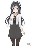  :&lt; asashio_(kantai_collection) black_hair blue_eyes blush casual closed_mouth cosplay dated hairband hand_on_own_chest haruna_(kantai_collection) haruna_(kantai_collection)_(cosplay) jacket jewelry kantai_collection long_hair look-alike mitsukoshi_(department_store) nonono_(mino) pantyhose pendant simple_background solo v-shaped_eyebrows white_background white_jacket 