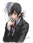  black_hair black_jack_(character) black_jack_(series) black_jacket food formal holding holding_food jacket male_focus multicolored_hair open_mouth red_eyes red_ribbon ribbon scar shirt simple_background solo toujou_sakana white_background white_hair white_shirt 