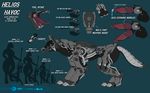  2017 animal_genitalia animal_penis armor balls ben56 black_nose canine canine_penis claws digital_media_(artwork) digitigrade erection female feral gun helios_havoc hi_res knot living_machine machine male mammal model_sheet nude open_mouth penis ranged_weapon robot scalie sheath simple_background smile solo standing teeth text tongue weapon wolf 