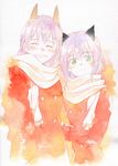  agahari animal_ears aqua_eyes arm_hug blush cat_ears closed_eyes dog_ears eila_ilmatar_juutilainen grin highres jacket looking_at_viewer multiple_girls purple_hair sanya_v_litvyak scarf short_hair smile strike_witches traditional_media watercolor_(medium) world_witches_series 