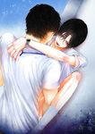  2boys against_wall age_difference anal black_hair blush bottomless clothed_sex lifting male_focus multiple_boys office penetration sex socks yaoi 