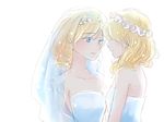  alice_margatroid blonde_hair blue_eyes blurry blush bridal_veil couple dress face-to-face head_wreath highres kirisame_marisa long_hair multiple_girls nip_to_chip pointy_ears smile strapless strapless_dress touhou upper_body veil wedding_dress wife_and_wife yuri 