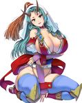  :d aqua_hair bangs between_legs blue_legwear boots breasts cleavage collar collarbone green_eyes groin hair_over_shoulder hand_between_legs head_tilt highres horns huge_breasts long_hair looking_at_viewer masao open_mouth original parted_bangs pointy_ears puffy_short_sleeves puffy_sleeves red_footwear short_sleeves simple_background sitting smile solo thick_thighs thighhighs thighs white_background wrist_cuffs 