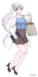  bag bare_legs black_footwear blazer blue_eyes blue_shirt collarbone earrings frilled_blouse frills high_heels highres jacket jewelry kio_rojine legs long_hair looking_at_viewer pale_skin pocketbook rwby scar scar_across_eye shirt shoes shoulder_bag side_ponytail simple_background skirt smile snowflake_print solo weiss_schnee white_background white_coat white_hair 