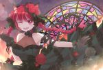  1girl ;d adapted_costume animal_ear_fluff animal_ears arm_ribbon arm_up armpit_peek bangs black_gloves black_ribbon blurry bokeh braid breasts cat_ears cat_tail cleavage collarbone commentary_request depth_of_field dress fangs fire flower frilled_dress frills gloves gradient_sky hair_flower hair_ornament hair_ribbon halter_dress kaenbyou_rin large_breasts layered_dress light_particles looking_at_viewer mochinya21 multiple_tails neck_ribbon one_eye_closed open_mouth outstretched_arm petals red_eyes red_flower red_hair red_rose ribbon rose short_hair sky sleeveless sleeveless_dress smile solo stained_glass swept_bangs tail touhou tress_ribbon twin_braids upper_teeth window wrist_cuffs 