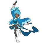  aqua_hair boots closed_eyes dark_skin drill_hair full_body japanese_clothes mary_cagle pantyhose pose sleepless_domain smile solo standing standing_on_one_leg twin_drills undine_wells white_background white_footwear yosakoi 