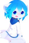  ambiguous_gender anthro aoino blue_eyes blue_hair blush bottomless butt clothed clothing cub fur hair hoodie kneeling looking_at_viewer looking_back open_mouth shadow simple_background solo tongue white_background white_fur young 