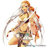  bandana bead_bracelet beads bracelet breasts choco_holic choker cleavage green_eyes hair_ornament holding holding_sword holding_weapon jewelry kaizoku_ookoku_koronbusu leg_belt long_hair medium_breasts midriff navel o-ring open_mouth pirate solo standing standing_on_one_leg sword twintails watermark weapon white_hair x_hair_ornament 