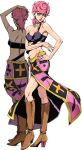  1girl ass back boots breasts butt_crack character_sheet choker from_behind high_heel_boots high_heels jojo_no_kimyou_na_bouken midriff navel official_art pink_hair short_hair shoulder_blades skirt small_breasts solo strap thighs trish_una 