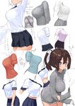  1girl arm_hug arm_up arms_at_sides between_breasts blue_neckwear blue_shirt blue_skirt blush breasts brown_hair closed_mouth flying_sweatdrops from_side grey_skirt grey_sweater hair_ribbon head_out_of_frame kaisen_chuui large_breasts multiple_views necktie office_lady original parted_lips pencil_skirt pleated_skirt ponytail purple_eyes red_shirt ribbed_sweater ribbon school_uniform serafuku shirt short_sleeves side_slit sketch skirt smile strap_cleavage sweater torso translation_request turtleneck turtleneck_sweater white_ribbon white_shirt 