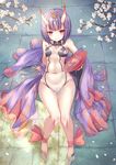  ankle_ribbon anklet bangs bare_legs bare_shoulders barefoot barefoot_sandals blunt_bangs cherry_blossoms cup fate_(series) flower full_body highres horns japanese_clothes jewelry kimono looking_at_viewer navel on_ground oni oni_horns pouring purple_eyes purple_hair red_ribbon ribbon sakazuki shuten_douji_(fate/grand_order) sitting smile solo wakamezake yukishiro_arute 