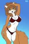  big_breasts bikini breasts canine clothing fluffy fluffy_tail fox green_eyes hair mammal pinup pose punishedkom simple_background smile swimsuit voluptuous wide_hips 