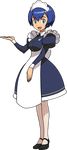  :d apron aqua_eyes arm_up blue_hair dress full_body ishikawa_hideki juliet_sleeves legs_together long_sleeves looking_at_viewer maid maid_apron maid_headdress mary_janes official_art open_mouth pantyhose pokemon pokemon_(game) pokemon_co-master puffy_sleeves shoes short_hair smile solo standing tia_(pokemon) transparent_background white_legwear 