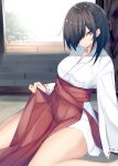  1girl black_hair blurry blurry_background breasts closed_mouth collarbone commentary_request day depth_of_field feet_out_of_frame hair_over_one_eye hair_ribbon hakama japanese_clothes kavka kimono large_breasts long_hair long_sleeves looking_at_viewer miko original purple_eyes red_hakama red_ribbon ribbon ribbon-trimmed_sleeves ribbon_trim short_kimono sitting solo sunlight tongue tongue_out wariza white_kimono 