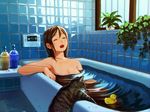  arms_up bath bathing bathroom bathtub bird black_hair breasts cat closed_eyes collarbone crossed_arms duck duckling flower indoors long_hair medium_breasts nashigaya_koyomi nude open_mouth original partially_submerged plant potted_plant relaxed ripples rubber_duck soap_bottle solo tile_floor tile_wall tiles water wet wet_hair 
