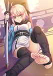  barefoot fate_(series) feet hair_ribbon haori highres japanese_clothes katana kimono minamo25 obi off_shoulder okita_souji_(fate) okita_souji_(fate)_(all) pink_hair pov_feet ribbon sash scarf short_kimono sleeveless sleeveless_kimono smile soles solo sword thighhighs toeless_legwear toes weapon yellow_eyes zettai_ryouiki 