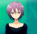  casual collarbone glasses green_background hair_between_eyes highres lace lace-trimmed_shirt nagato_yuki nagato_yuki-chan_no_shoushitsu navy_blue_shirt orange_eyes over-rim_eyewear purple_hair puyo semi-rimless_eyewear shirt short_hair smile solo suzumiya_haruhi_no_shoushitsu suzumiya_haruhi_no_yuuutsu upper_body 